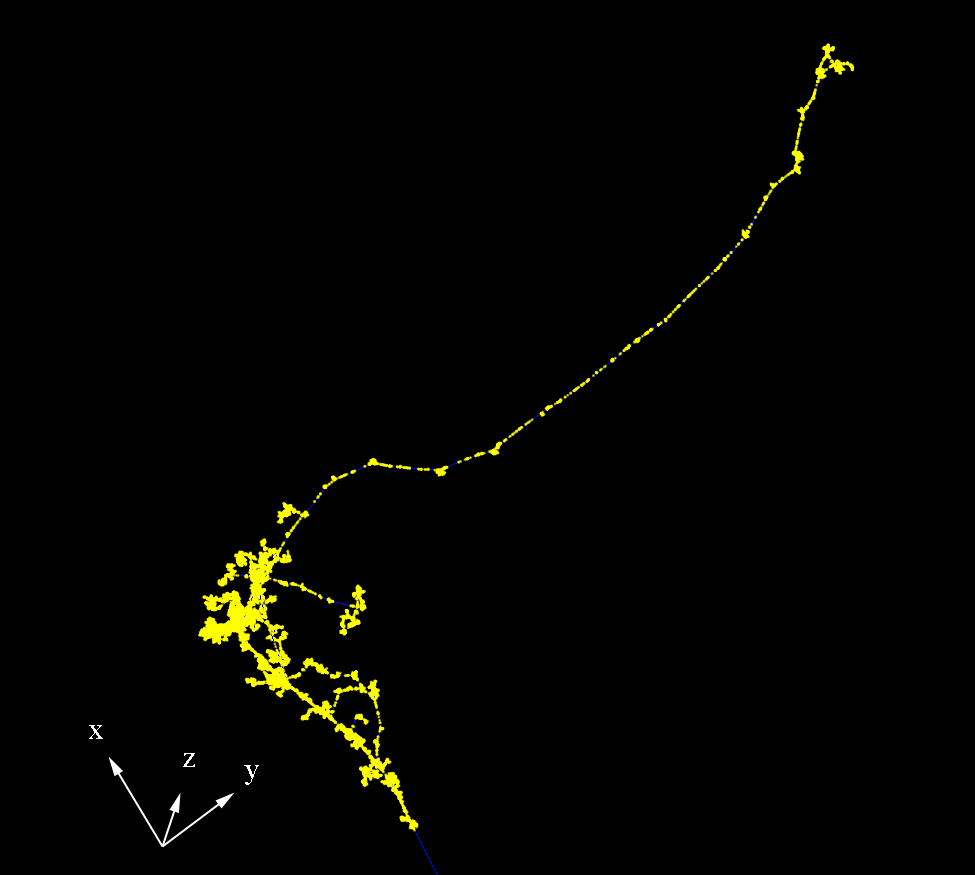 Figure 3: A typical damage shower within Uranium Oxide. The blue track near the bottom is the initial entrance of the Xenon within the material. The yellow dots are sites where lattices are located after collision between atoms occur. The initial energy of the Xenon was 100MeV, which typically results in around 200,000 or more vacancies.