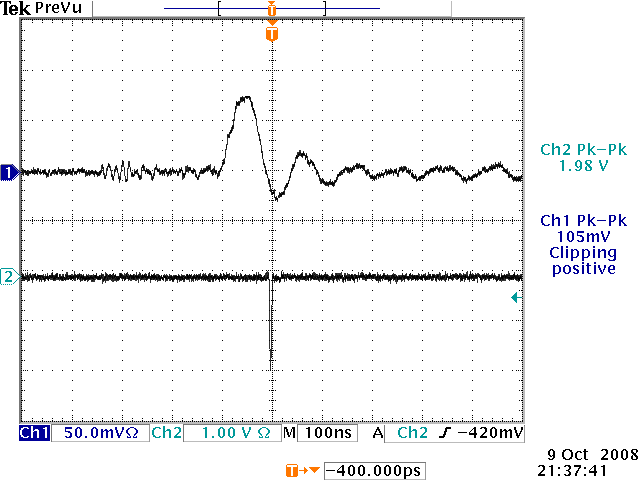 File:Positive Pulse GEMD strips and pulse from CFD HV3900Volts 10-9-08.png