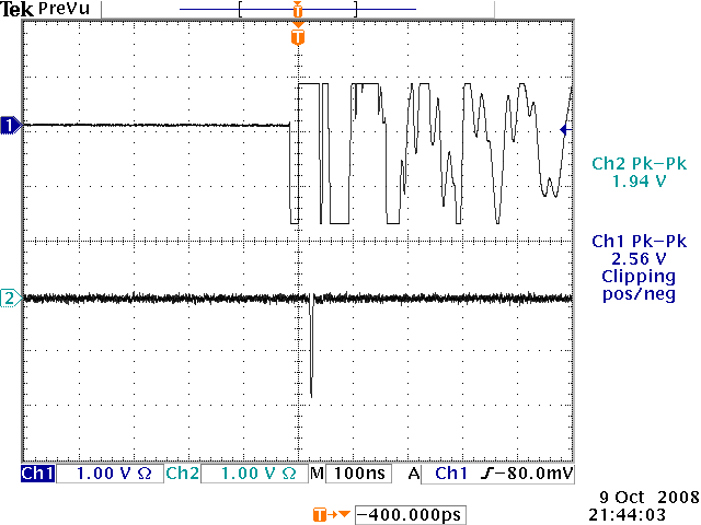 File:Noise from GEMD strips and pulse from CFD HV3900Volts 10-9-08.png