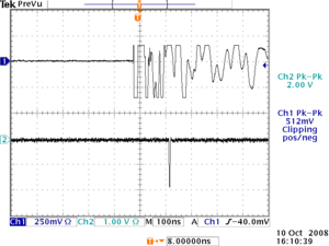 Noise from THGEMD strips and pulse from CFD HV3000Volts 11-9-08.png