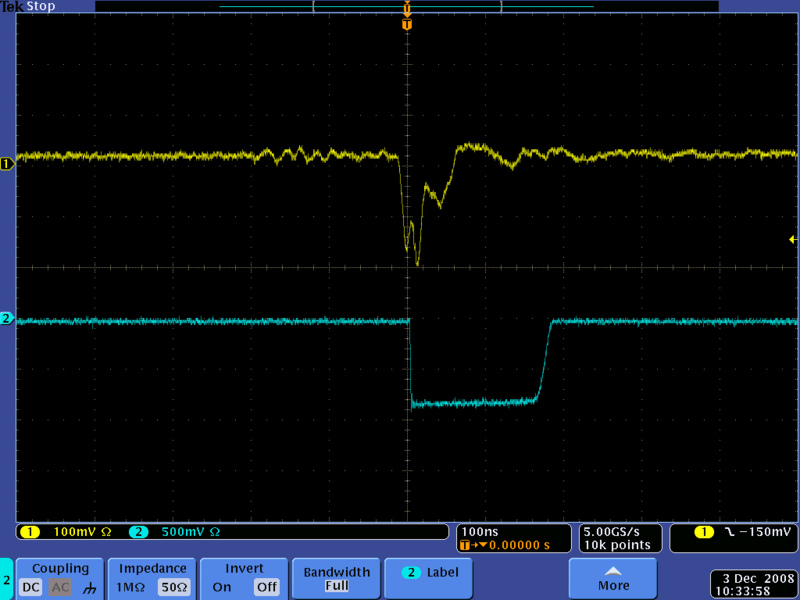 File:Amplified pulse from PMT and Discriminator 1013Volts 2-12-08.png